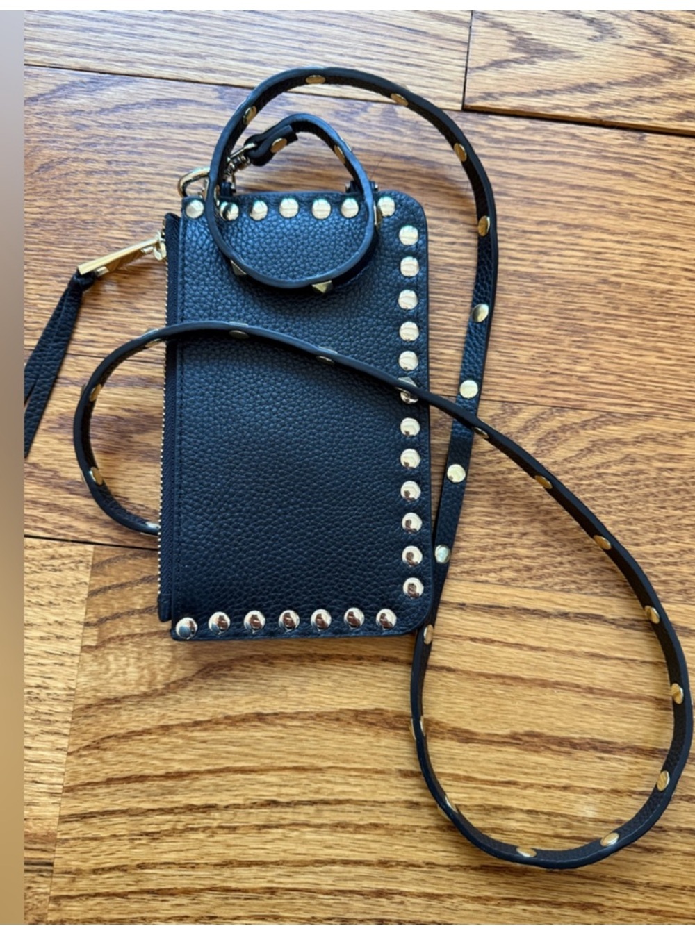 Bandolier Black Leather Studded Crossbody Card Holder with Gold Accents - Picture 2 of 2